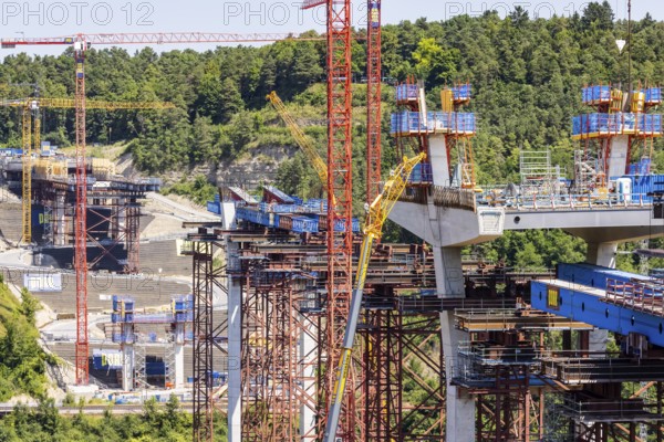 Horb high bridge construction site. Once completed in 2028, the bridge will relieve the town of Horb of through traffic. The 667-metre-long and up to 90-metre-high Neckar Valley Bridge on the B 32 federal road is set to cost around 167 million euros. Horb, Baden-Württemberg, Germany