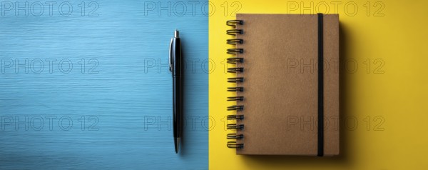Minimalistic flat lay of office workflow productivity tools that improve efficiency and saving time and resources. Pen and notebook, AI generated