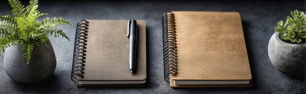 Minimalistic flat lay of office workflow productivity tools that improve efficiency and saving time and resources. Pen and notebook, AI generated