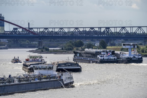 Cargo ships on the Rhine, in the background the Rhine bridge near Duisburg-Rheinhausen, Bridge of Solidarity, Duisburg, North Rhine-Westphalia, Germany