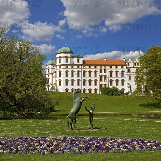 Artwork with the title Hengst Wohlklang in der Freiheitsdressur by Ulrich Conrad in the park of Celle Castle, Lower Saxony, Germany