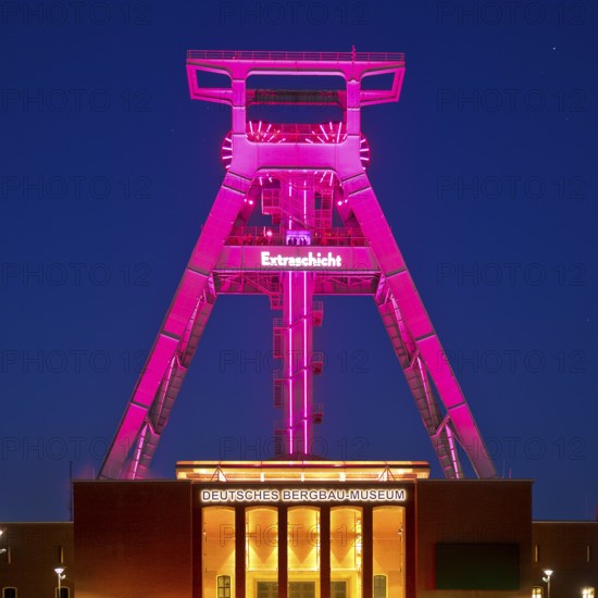 Illuminated headframe of the German Mining Museum at Extraschicht, Bochum, Ruhr area, North Rhine-Westphalia, Germany