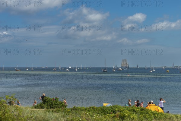 Windjammer parade 2025 on the Kiel Fjord at the end of Kiel Week, tall ships, three-master, sail training ship Gorch Fock, spectators, Falkenstein beach life, lighthouse, summer weather, sunshine, forest, Kiel, Schleswig-Holstein, Germany
