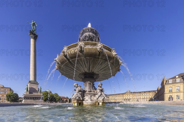 Schlossplatz Stuttgart with New Palace and fountain with fountain bowl. Place of interest in Stuttgart, Baden-Württemberg, Germany