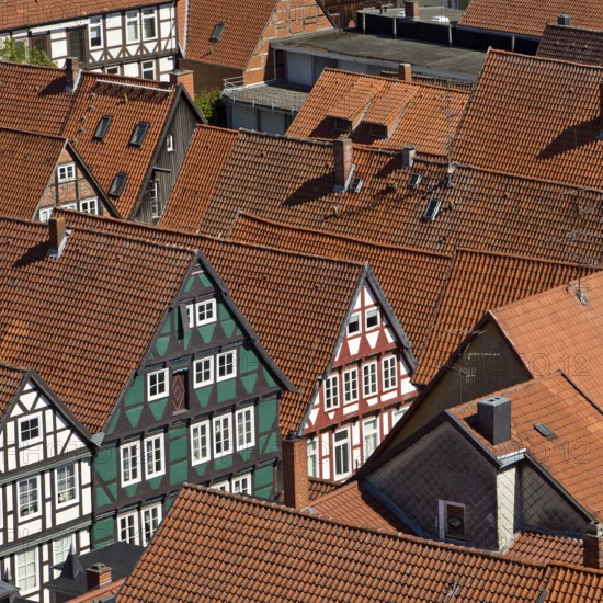 View from the town church tower over the roofs of the historic old town with its four hundred half-timbered houses, Celle, Lower Saxony, Germany