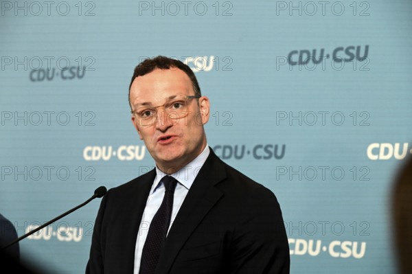 The Chairman of the CDU/CSU parliamentary group, Jens Spahn (CDU), and his deputy Alexander Hoffmann (CSU) at the weekly press statement in front of the parliamentary group meeting room in the Reichstag. This time it was about the expert opinion on the purchase of masks, among other things