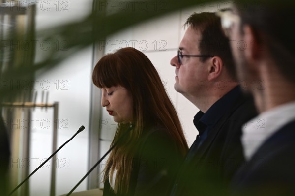 Heide Reichinnek and Sören Pellmann, leaders of the Left Party parliamentary group in the German Bundestag, at the weekly press statement in front of the parliamentary group meeting room in the Reichstag building