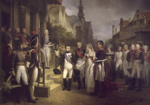 The Treaties of Tilsit, Napoleon, Alexander I of Russia, Queen Louise of Prussia, and Frederick William III in Tilsit, 1807, digitally edited after Nicolas Gosse