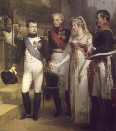 The Treaties of Tilsit, Napoleon, Alexander I of Russia, Queen Louise of Prussia, and Frederick William III in Tilsit, 1807, digitally edited after Nicolas Gosse