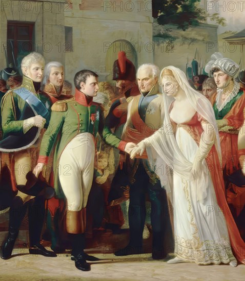 The Treaties of Tilsit, Napoleon, Alexander I of Russia, Queen Louise of Prussia in Tilsit, 1807, digitally edited after Tardieu