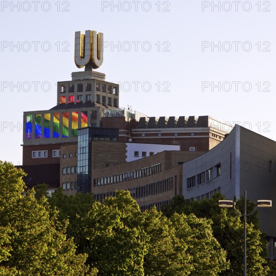 Dortmunder U, Flying pictures by Adolf Winkelmann with green trees, Dortmund, Germany