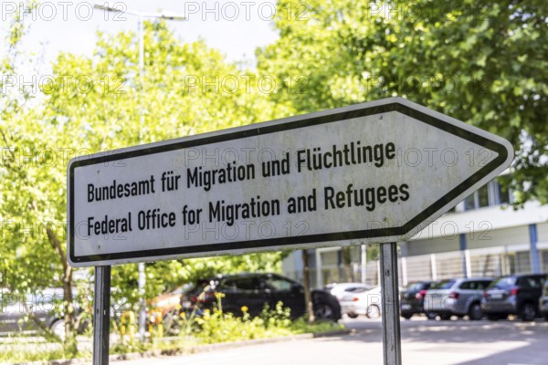 Federal Office for Migration and Refugees (BAMF) . Sign with federal eagle. Competent authority for asylum procedures in Germany. Karlsruhe, Baden-Württemberg, Germany