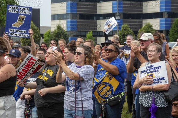 Southfield, Michigan - Nurses rally outside Corewell Health during their fight for a union contract. Corewell is the largest healthcare system in Michigan. Its 10, 000 nurses voted to join the Teamsters in late 2024 and are fighting for their first contract