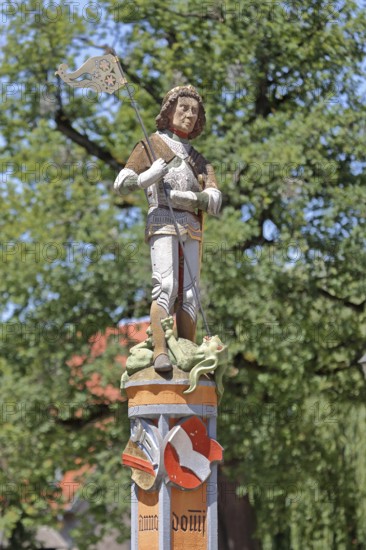 Sculpture of St George with lance, St George's Fountain, dragon slayer, detail, market fountain, market square, Ettlingen, Black Forest, Northern Black Forest, Baden-Württemberg, Germany