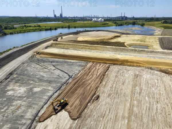 Haltern-Marl, North Rhine-Westphalia, Germany - Lippe, flood protection in the Haltern-Lippramsdorf-Marl area (HaLiMa) . Flood protection on the River Lippe by relocating the dyke and thus extending the floodplain. Marl Chemical Park at the back
