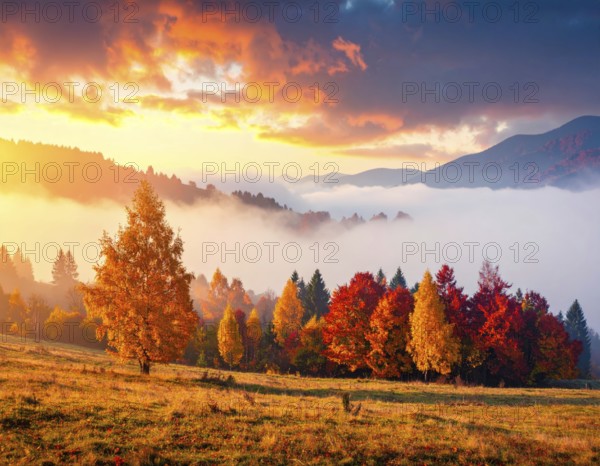 Mystical foggy landscape in autumn, colorful trees in fog, misty mood nature atmosphere, AI generated