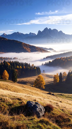 Mystical foggy landscape in autumn, colorful trees in fog, misty mood nature atmosphere, AI generated
