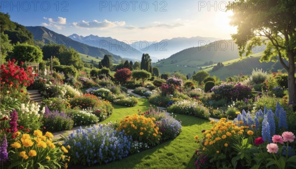 Bee-friendly garden design, colorful variety of blooming flowers in the summer, AI generated