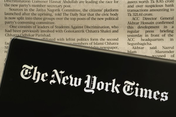 Dhaka, Bangladesh - 18 March 2025: The logo of the The new york times is displayed on a smartphone screen