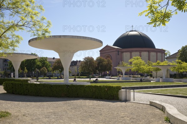 Georg-Büchner-Platz with white concrete mushrooms and St Ludwig's Church, public square, Darmstadt, Hesse, Germany