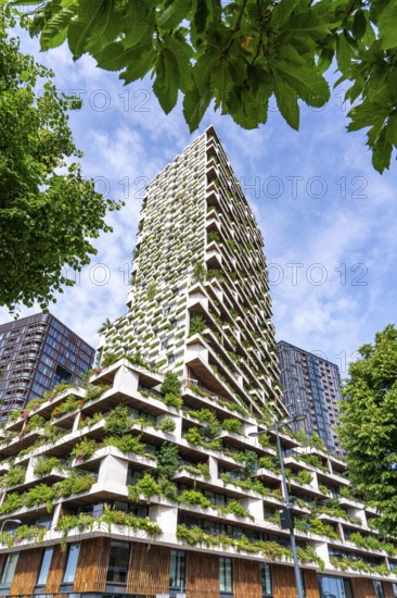 Wonderwoods residential tower, one of 2 green buildings, in Utrecht in the new Healthy Urban Quarter, at the central station, 105 metres high with 30 floors, Tower II, over 360 trees and over 9600 shrubs and flowering plants native to the region, all irrigated with collected rainwater, sponge city principle and monitored with sensors, Utrecht, Netherlands