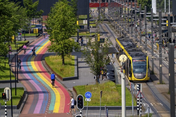 Rainbow cycle path through the university campus in Utrecht Science Park, 570 metres long, Utrecht University, the Utrecht University of Applied Sciences and UMC Utrecht University Hospital, set an example for acceptance, equal treatment and safety of the LHBTIQ+ community, public transport connection, Netherlands