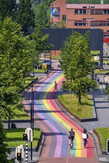 Rainbow cycle path through the university campus in Utrecht Science Park, 570 metres long, Utrecht University, Utrecht University of Applied Sciences and UMC Utrecht University Hospital, set an example for acceptance, equal treatment and safety of the LHBTIQ+ community Netherlands