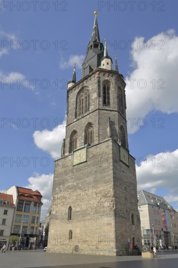Red Tower on the market square with pedestrians, landmark, Halle an der Saale, Saxony-Anhalt, Germany