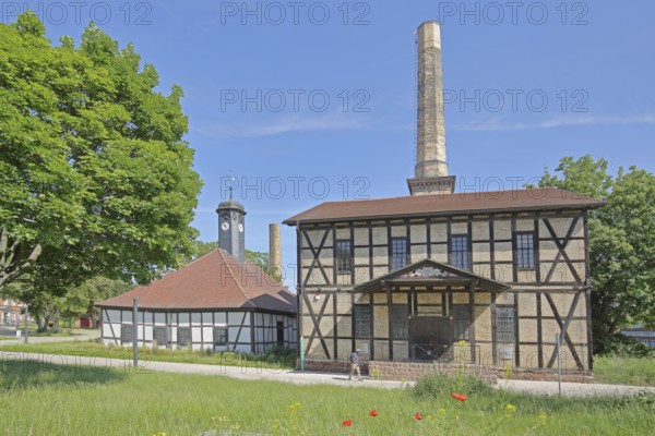 Halloren- und Salinemuseum, former salt works, factory and production for salt extraction, chimney, half-timbered house, museum, Halle an der Saale, Saxony-Anhalt, Germany
