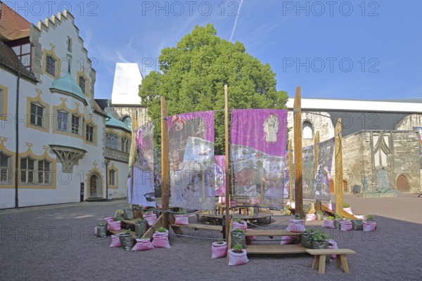 Art installation The Testimonies of the Potato in Defence of the Earth by Åsa Sonjasdotter 2025, memorial, courtyard, Moritzburg Art Museum, Halle an der Saale, Saxony-Anhalt, Germany