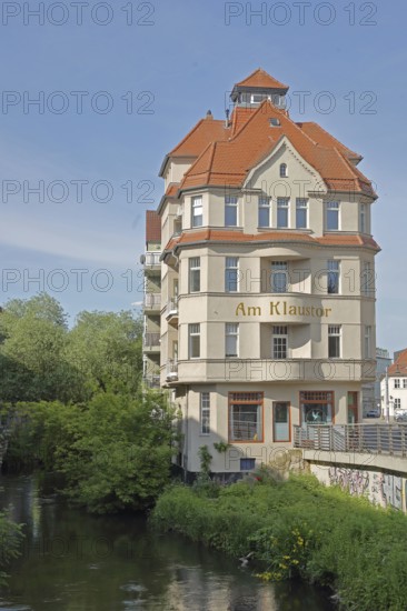 Building Klaustor, inscription, Klausbrücke, Halle an der Saale, Saxony-Anhalt, Germany