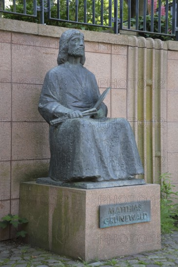 Monument to Matthias Grünewald, Renaissance painter and engineer, inscription, Halle an der Saale, Saxony-Anhalt, Germany