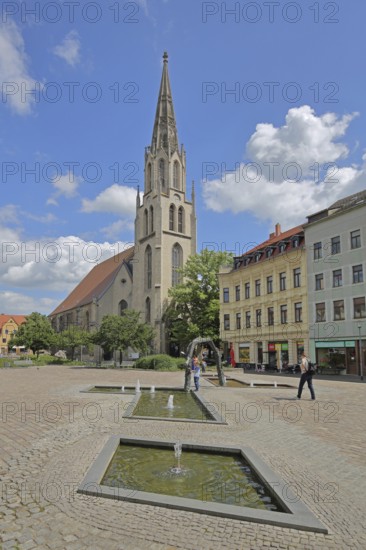 St Maximi's Church and Two Worlds Fountain by Bernd Göbel, Entenplan, Merseburg, Saxony-Anhalt, Germany