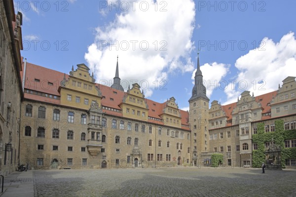 Inner courtyard with tower of the castle built in 1265, art history museum, landmark, Merseburg, Saxony-Anhalt, Germany