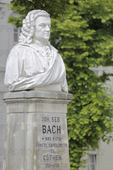 Bach monument, bust, Johann Sebastian Bach, sculpture, inscription, date, memorial, Bachplatz, Köthen, Saxony-Anhalt, Germany