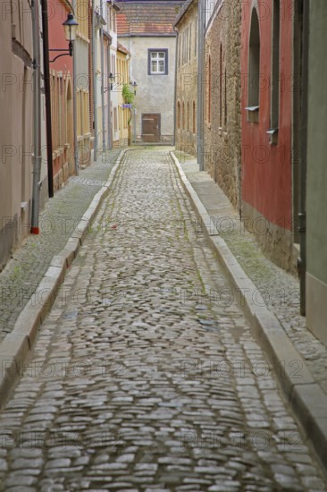 Narrow alley with houses, long narrow, alleyway with cobblestones and vanishing point, Judengasse, Jüdengasse, Saale, Naumburg, Saxony-Anhalt, Germany