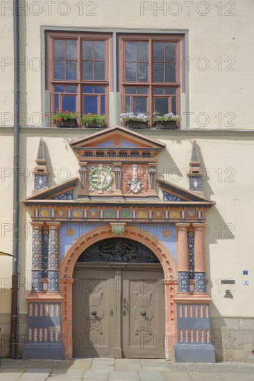 Portal with decorations from the town hall, Renaissance, market, Saale, Naumburg, Saxony-Anhalt, Germany