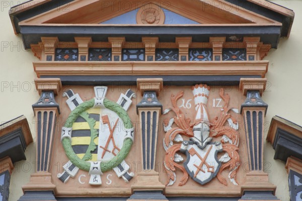 City coat of arms on the portal of the town hall, Renaissance, decorations, detail, year, market, Saale, Naumburg, Saxony-Anhalt, Germany