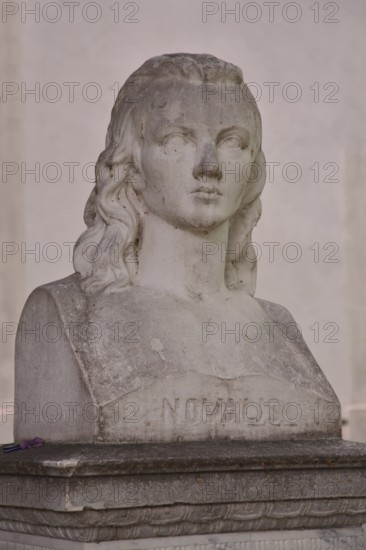 Novalis monument to writer and philosopher Friedrich von Hardenberg, head, bust, Weißenfels, Saxony-Anhalt, Germany