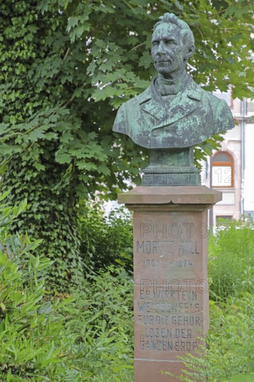 Memorial to deaf-mute teacher Moritz Hill, teacher for deaf-mutes, bust, deaf-muteness, deaf-mute, deaf and dumb, inscription, writing, stele, Weißenfels, Saxony-Anhalt, Germany