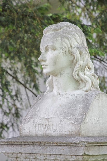 Novalis monument to writer and philosopher Friedrich von Hardenberg, head, bust, inscription, Weißenfels, Saxony-Anhalt, Germany