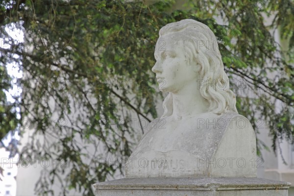 Novalis monument to writer and philosopher Friedrich von Hardenberg, head, bust, inscription, Weißenfels, Saxony-Anhalt, Germany