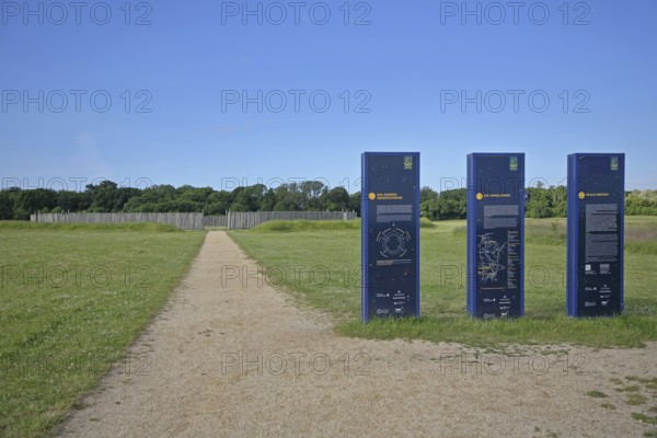 Information board with information on the solar observatory, archaeological reconstruction from the Neolithic period, earliest celestial observation in archaeology, record, oldest, age, historical, palisades, wooden poles, circle, ring, astronomy, Goseck, Unstruttal, Saxony-Anhalt, Germany