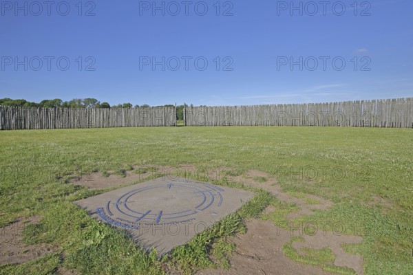 Solar observatory, archaeological reconstruction from the Neolithic period, earliest celestial observation in archaeology, record, oldest, age, historical, palisades, wooden poles, circle, ring, astronomy, Goseck, Unstruttal, Saxony-Anhalt, Germany
