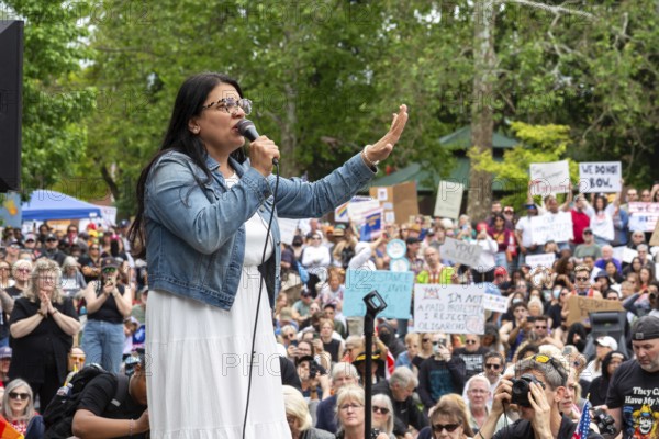 Detroit, Michigan USA - 14 June 2025 - Congresswoman Rashida Tlaib spoke as thousands gathered for a 'No Kings' rally, protesting President Trump's actions against immigrants and against democratic institutions