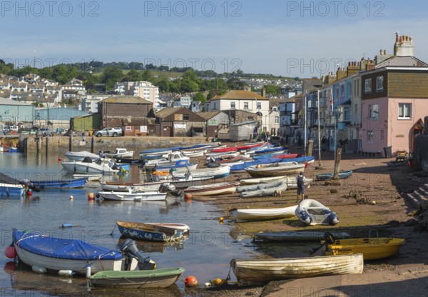 Small boats in harbour at Back Beach, Teignmouth, south Devon, England, UK