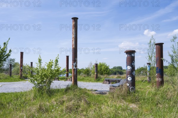 Stelae on the viewing platform at Lake Lippe, reservoir, Sande, Paderborn, Westphalia, North Rhine-Westphalia, Germany