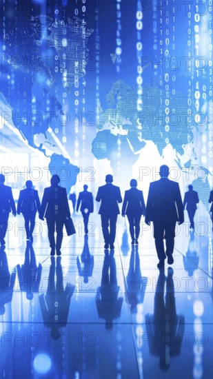 Business, abstract background, blur computer code, silhouette of walking people in a hall, blue hues, AI generated