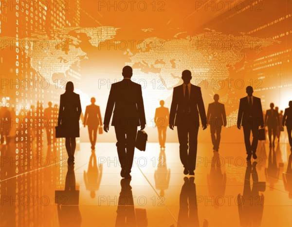Business, abstract background, blur computer code, silhouette of walking people in a hall, orange hues, AI generated