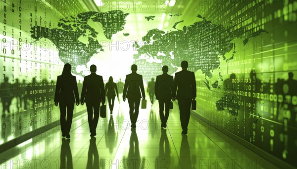 Business, abstract background, blur computer code, silhouette of walking people in a hall, green hues, AI generated